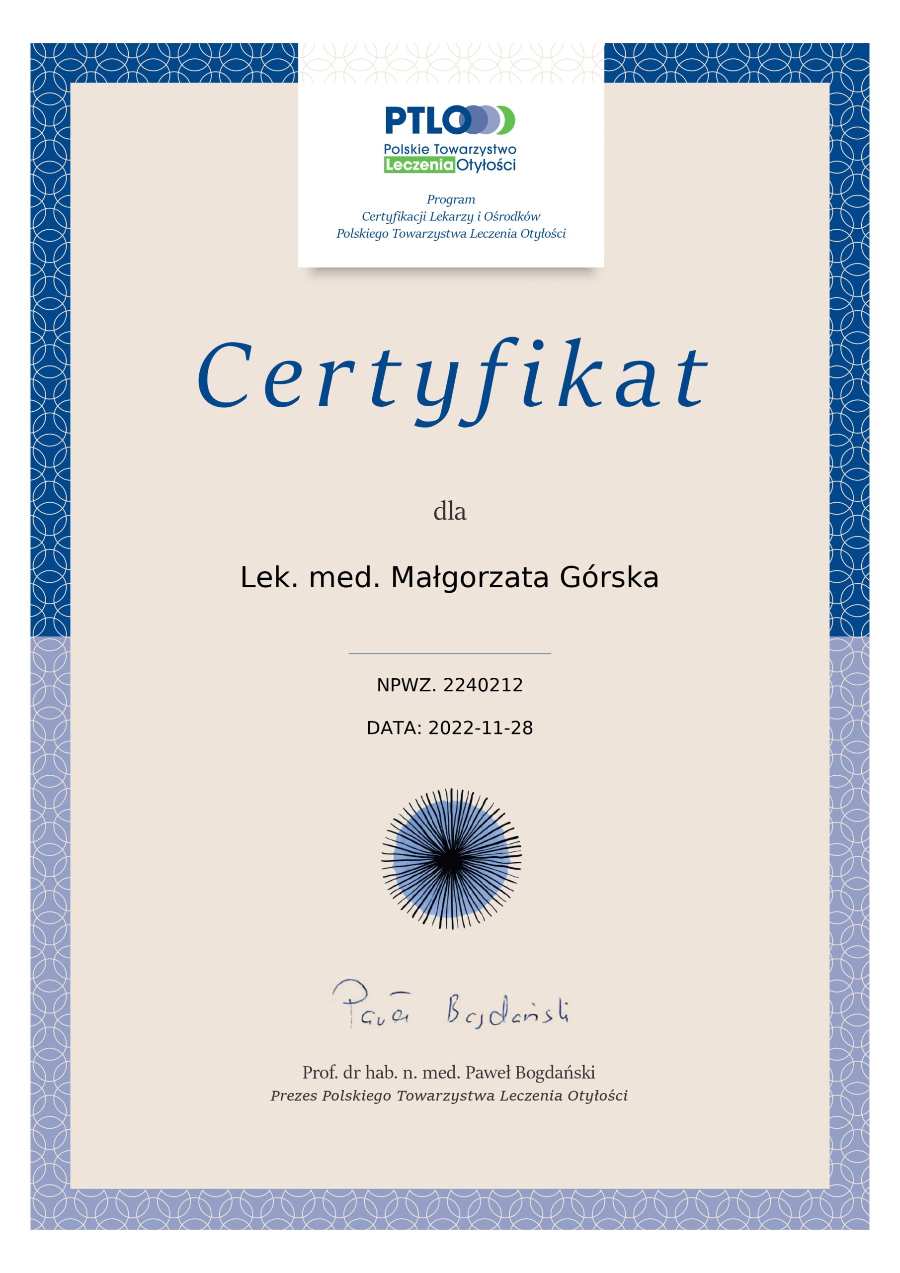 Certyfikat PTLO Górska RST Rehabilitacja
